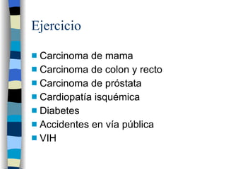 Ejercicio Carcinoma de mama Carcinoma de colon y recto Carcinoma de próstata Cardiopatía isquémica Diabetes Accidentes en vía pública VIH 