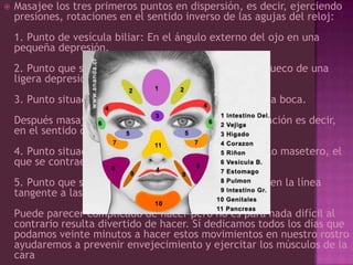 Masajee los tres primeros puntos en dispersión, es decir, ejerciendo presiones, rotaciones en el sentido inverso de las agujas del reloj:1. Punto de vesícula biliar: En el ángulo externo del ojo en una pequeña depresión.2. Punto que se encuentra entre los dos ojos, en el hueco de una ligera depresión.3. Punto situado a un ancho de dedo a cada lado de la boca.Después masajéese los dos últimos puntos de tonificación es decir, en el sentido de las agujas del reloj:4. Punto situado delante de la oreja, sobre el músculo masetero, el que se contrae cuando se mueve la mandíbula.5. Punto que se encuentra en el centro de las cejas, en la línea tangente a las mismas.Puede parecer complicado de hacer pero no es para nada difícil al contrario resulta divertido de hacer. Sí dedicamos todos los días que podamos veinte minutos a hacer estos movimientos en nuestro rostro ayudaremos a prevenir envejecimiento y ejercitar los músculos de la cara