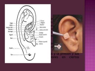Permite curar muchas afecciones  (como jaquecas, lumbago ciática, todas las dolencias artríticas, depresión, melancolía y tristeza profunda, falta de apetito, insomnio, problemas hepáticos y digestivos, impotencia entre otros) de forma eficaz con sólo estimular ciertos puntos de la oreja.áreas en la oreja utilizadas en esta terapia son las más sensibles para recibir las impresiones sensoriales como el calor, la luz, el sonido, las sensaciones electromagnéticas y la presión y sus estímulos producen reacciones en ciertos órganos.