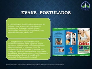 EVANS -POSTULADOS
6. Previniendo o modificando la respuesta del
huésped, debe disminuir o eliminarse la
presentación de la enfermedad (por ej.:
vacunando o tratando con antibióticos a una
población expuesta o enferma).
7. La reproducción experimental de la
enfermedad debería tener lugar con mayor
frecuencia en animales u hombres expuestos
adecuadamente a la supuesta causa, en
comparación con aquellos no expuestos; esta
exposición puede ser deliberada en voluntarios,
inducida de forma experimental en el laboratorio
o demostrada mediante la modificación
controlada de la exposición natural.
Fuente Bibliográfica: Argudo. Manual de Epidemiologia y Salud Publica.2 ed.Panamericana.Cap 3.pag 50-55
 