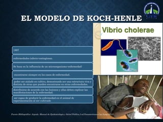 EL MODELO DE KOCH-HENLE
1887
enfermedades infecto-contagiosas.
Se basa en la influencia de un microorganismo-enfermedad:
encontrarse siempre en los casos de enfermedad.
poder ser aislado en cultivo, demostrando ser una estructura viva y
distinta de otras que pueden encontrarse en otras enfermedades.
distribuirse de acuerdo con las lesiones y ellas deben explicar las
manifestaciones de la enfermedad.
ser capaz de producir la enfermedad en el animal de
experimentación al ser cultivado
Fuente Bibliográfica: Argudo. Manual de Epidemiologia y Salud Publica.2 ed.Panamericana.Cap 3.pag 50-55
 