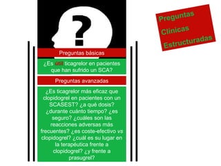 Preguntas básicas
¿Es útil ticagrelor en pacientes
que han sufrido un SCA?
Preguntas avanzadas
¿Es ticagrelor más eficaz que
clopidogrel en pacientes con un
SCASEST? ¿a qué dosis?
¿durante cuánto tiempo? ¿es
seguro? ¿cuáles son las
reacciones adversas más
frecuentes? ¿es coste-efectivo vs
clopidogrel? ¿cuál es su lugar en
la terapéutica frente a
clopidogrel? ¿y frente a
prasugrel?

s
egunta
Pr
s
Clínica
uradas
t
Estruc

 