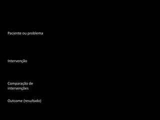 Paciente ou problema




Intervenção




Comparação de
intervenções


Outcome (resultado)
 