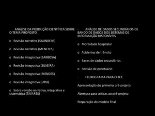 ANÁLISE DA PRODUÇÃO CIENTÍFICA SOBRE ·    ANÁLISE DE DADOS SECUNDÁRIOS DE
O TEMA PROPOSTO                          BANCO DE DADOS DOS SISTEMAS DE
                                         INFORMAÇÃO DISPONÍVEIS
o Revisão narrativa (SAUNDERS)
                                         o Morbidade hospitalar
o Revisão narrativa (MENEZES)
                                         o Acidentes de trânsito
o Revisão integrativa (BARBOSA)
                                         o Bases de dados secundários
o Revisão integrativa (SILVEIRA)
                                         o Revisão de prontuário
o Revisão integrativa (MENDES)
                                         ·    FLUXOGRAMA PARA O TCC
o Revisão integrativa (URSI)
                                         Apresentação do primeiro pré-projeto
o Sobre revisão narrativa, integrativa e
sistemática (TAVARES)                    Abertura para críticas ao pré-projeto

                                         Preparação do modelo final
 