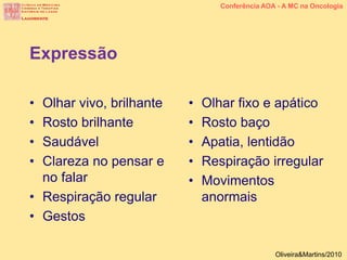• Olhar vivo, brilhante
• Rosto brilhante
• Saudável
• Clareza no pensar e
no falar
• Respiração regular
• Gestos
• Olhar fixo e apático
• Rosto baço
• Apatia, lentidão
• Respiração irregular
• Movimentos
anormais
Expressão
Conferência AOA - A MC na Oncologia
Oliveira&Martins/2010
 