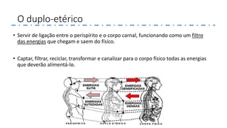 O duplo-etérico
• Servir de ligação entre o perispírito e o corpo carnal, funcionando como um filtro
das energias que chegam e saem do físico.
• Captar, filtrar, reciclar, transformar e canalizar para o corpo físico todas as energias
que deverão alimentá-lo.
 