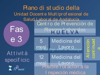 Piano di studi
Unidad Docente Multiprofesional de Salud Laboral de
Andalucía
17 mesi
Centro de Prevención de Riesgos LaboralesCentro de Prevención de Riesgos Laborales
H U E L V A
Medicina del Lavoro5 mesi
Fase 3
Attività
specifica
Fine del terzo anno di residenza
Medicina del Lavoro12 mesi
AtenciónAtención
continuadacontinuada
Posible rotación a la Inspeción médica
 