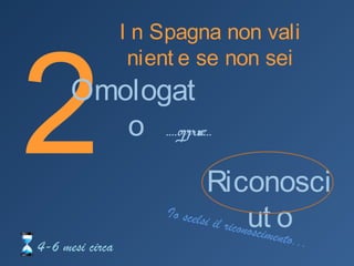 2
In Spagna non vali niente se non sei
4-6 mesi circa
Omologato
Riconosciuto
 
