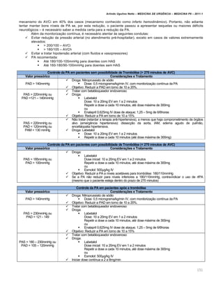 Arlindo Ugulino Netto – MEDICINA DE URG•NCIA – MEDICINA P8 – 2011.1
151
mecanismo do AVCi em 40% dos casos (mecanismo conhecido como infarto hemodinâmico). Portanto, n…o adianta
tentar manter bons n•veis de PA se, por esta redu†…o, o paciente passou a apresentar sequelas ou maiores d‚ficits
neurol„gicos – ‚ necessƒrio saber a medida certa para a redu†…o da PA.
Al‚m da monitoriza†…o cont•nua, ‚ necessƒrio atentar Œs seguintes condutas:
 Evitar redu†…o da press…o arterial (no atendimento pr‚-hospitailar), exceto em casos de valores extremamente
elevados:
 > 200/100 – AVCi
 > 180/105 – AVCh
 Evitar e tratar hipotens…o arterial (com fluidos e vasopressores)
 PA recomentada:
 At‚ 180/100-105mmHg para doentes com HAS
 At‚ 160-180/90-100mmHg para doentes sem HAS
Controle da PA em pacientes sem possibilidade de Trombólise (> 270 minutos de AVC)
Valor pressórico Considerações e Tratamento
PAD > 140mmHg
 Droga: Nitroprussiato de s„dio
 Dose: 0,5 micrograma/kg/min IV, com monitoriza†…o cont•nua da PA
 Objetivo: Reduzir a PAD em torno de 10 a 20%.
PAS > 220mmHg ou
PAD =121 – 140mmHg
 Tratar com betabloqueador endovenoso
 Droga:
 Labetalol
Dose: 10 a 20mg EV em 1 a 2 minutos
Repetir a dose a cada 10 minutos, at‚ dose mƒxima de 300mg
ou
 Enalapril 0,625mg IV dose de ataque; 1,25 – 5mg de 6/6horas
 Objetivo: Reduzir a PA em torno de 10 a 15%
PAS < 220mmHg ou
PAD < 120mmHg ou
PAM < 130 mmHg
 N…o tratar (retardar a terapia anti-hipertensiva), a menos que haja comprometimento de „rg…os
alvo (emerg€ncia hipertensiva): dissec†…o da aorta, IAM, edema agudo de pulm…o,
encefalopatia hipertensiva.
 Droga: Labetalol
 Dose: 10 a 20mg EV em 1 a 2 minutos
 Repetir a dose a cada 10 minutos (at‚ dose mƒxima de 300mg)
Controle da PA em pacientes com possibilidade de Trombólise (< 270 minutos de AVC)
Valor pressórico Considerações e Tratamento
PAS > 185mmHg ou
PAD > 100mmHg
 Droga:
 Labetalol
Dose inicial: 10 a 20mg EV em 1 a 2 minutos
Repetir a dose a cada 10 minutos, at‚ dose mƒxima de 300mg
ou
 Esmolol: 500“g/kg IV
 Objetivo: Reduzir a PA a n•veis aceitƒveis para tromb„lise: 180/110mmHg
 Se a PA n…o reduzir para n•veis inferiores a 180/110mmHg, contra-indicar o uso de rtPA
(mesmo que o paciente esteja dentro do prazo de 270 minutos)
Controle da PA em pacientes após a trombólise
Valor pressórico Considerações e Tratamento
PAD > 140mmHg
 Droga: Nitroprussiato de s„dio
 Dose: 0,5 micrograma/kg/min IV, com monitoriza†…o cont•nua da PA
 Objetivo: Reduzir a PAD em torno de 10 a 20%.
PAS > 230mmHg ou
PAD = 121 - 149
 Tratar com betabloqueador endovenoso
 Droga:
 Labetalol
Dose: 10 a 20mg EV em 1 a 2 minutos
Repetir a dose a cada 10 minutos, at‚ dose mƒxima de 300mg
ou
 Enalapril 0,625mg IV dose de ataque; 1,25 – 5mg de 6/6horas
 Objetivo: Reduzir a PA em torno de 10 a 15%
PAS = 180 – 230mmHg ou
PAD = 105 – 120mmHg
 Tratar com betabloqueador endovenoso
 Droga:
 Labetalol
Dose inicial: 10 a 20mg EV em 1 a 2 minutos
Repetir a dose a cada 10 minutos, at‚ dose mƒxima de 300mg
ou
 Esmolol: 500“g/kg IV
 Iniciar dose cont•nua a 2 a 8mg/min
 