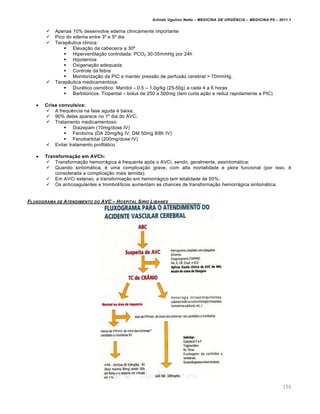 Arlindo Ugulino Netto – MEDICINA DE URG•NCIA – MEDICINA P8 – 2011.1
154
 Apenas 10% desenvolve edema clinicamente importante
 Pico do edema entre 3› e 5› dia
 Terap€utica cl•nica:
 Eleva†…o da cabeceira a 30›
 Hiperventila†…o controlada: PCO2 30-35mmHg por 24h
 Hipotermia
 Oxigena†…o adequada
 Controle da febre
 Monitoriza†…o da PIC e manter press…o de perfus…o cerebral > 70mmHg.
 Terap€utica medicamentosa:
 Diur‚tico osm„tico: Manitol – 0,5 – 1,0g/kg (25-50g) a cada 4 a 6 horas
 Barbit‰ricos: Tiopental – bolus de 250 a 500mg (tem curta a†…o e reduz rapidamente a PIC)
 Crise convulsiva:
 A frequ€ncia na fase aguda ‚ baixa;
 90% delas aparece no 1› dia do AVC;
 Tratamento medicamentoso:
 Diazepam (10mg/dose IV)
 Fenito•na (DA 20mg/kg IV; DM 50mg 8/8h IV)
 Fenobarbital (200mg/dose IV)
 Evitar tratamento profilƒtico
 Transformação em AVCh:
 Transforma†…o hemorrƒgica ‚ frequente ap„s o AVCi, sendo, geralmente, assintomƒtica;
 Quando sintomƒtica, ‚ uma complica†…o grave, com alta mortalidade e piora funcional (por isso, ‚
considerada a complica†…o mais temida);
 Em AVCi extenso, a transforma†…o em hemorrƒgico tem letalidade de 50%;
 Os anticoagulantes e trombol•ticos aumentam as chances de transforma†…o hemorrƒgica sintomƒtica.
FLUXOGRAMA DE ATENDIMENTO DO AVC – HOSPITAL SIRIO LIBANES
 