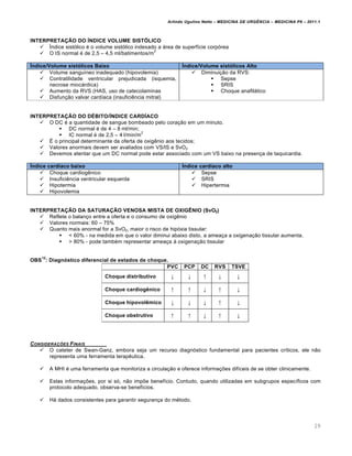 Arlindo Ugulino Netto – MEDICINA DE URG•NCIA – MEDICINA P8 – 2011.1
29
INTERPRETAÇÃO DO ÍNDICE VOLUME SISTÓLICO
 •ndice sist„lico ‚ o volume sist„lico indexado a ƒrea de superf•cie corp„rea
 O IS normal ‚ de 2,5 – 4,5 ml/batimentos/m
2
Índice/Volume sistólicos Baixo Índice/Volume sistólicos Alto
 Volume sangu•neo inadequado (hipovolemia)
 Contratilidade ventricular prejudicada (isquemia,
necrose miocƒrdica)
 Aumento da RVS (HAS, uso de catecolaminas
 Disfun†…o valvar card•aca (insufici€ncia mitral)
 Diminui†…o da RVS:
 Sepse
 SRIS
 Choque anafilƒtico
INTERPRETAÇÃO DO DÉBITO/ÍNDICE CARDÍACO
 O DC ‚ a quantidade de sangue bombeado pelo cora†…o em um minuto.
 DC normal ‚ de 4 – 8 ml/min;
 IC normal ‚ de 2,5 – 4 l/min/m
2
 Š o principal determinante da oferta de oxig€nio aos tecidos;
 Valores anormais devem ser avaliados com VS/IS e SvO2
 Devemos atentar que um DC normal pode estar associado com um VS baixo na presen†a de taquicardia.
Índice cardíaco baixo Índice cardíaco alto
 Choque cardiog€nico
 Insufici€ncia ventricular esquerda
 Hipotermia
 Hipovolemia
 Sepse
 SRIS
 Hipertermia
INTERPRETAÇÃO DA SATURAÇÃO VENOSA MISTA DE OXIGÊNIO (SvO2)
 Reflete o balan†o entre a oferta e o consumo de oxig€nio
 Valores normais: 60 – 75%
 Quanto mais anormal for a SvO2, maior o risco de hip„xia tissular:
 < 60% - na medida em que o valor diminui abaixo disto, a amea†a a oxigena†…o tissular aumenta.
 > 80% - pode tamb‚m representar amea†a Œ oxigena†…o tissular
OBS
12
: Diagnóstico diferencial de estados de choque.
PVC PCP DC RVS TSVE
Choque distributivo ↓ ↓ ↑ ↓ ↓
Choque cardiogênico ↑ ↑ ↓ ↑ ↓
Choque hipovolêmico ↓ ↓ ↓ ↑ ↓
Choque obstrutivo ↑ ↑ ↓ ↑ ↓
CONSIDERA‚ƒES FINAIS
 O cateter de Swan-Ganz, embora seja um recurso diagn„stico fundamental para pacientes cr•ticos, ele n…o
representa uma ferramenta terap€utica.
 A MHI ‚ uma ferramenta que monitoriza a circula†…o e oferece informa†ˆes dif•ceis de se obter clinicamente.
 Estas informa†ˆes, por si s„, n…o impˆe benef•cio. Contudo, quando utilizadas em subgrupos espec•ficos com
protocolo adequado, observa-se benef•cios.
 Hƒ dados consistentes para garantir seguran†a do m‚todo.
 