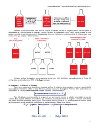 Arlindo Ugulino Netto – MEDICINA DE URG•NCIA – MEDICINA P8 – 2011.1
37
Portanto, no fim das contas, cada litro de sangue vai carrear 203 ml de oxig€nio (sendo 200 ml ligados Œ
hemoglobina e 3 ml dissolvidos no plasma). Portanto, partindo do pressuposto que o d‚bito card•aco basal de uma
pessoa normal ‚ de, aproximadamente, 5 litros/minuto, devemos multiplicar o conte‰do arterial de oxig€nio para cada
um dos litros que compˆe o d‚bito card•aco:
Portanto, a oferta de oxig€nio em um paciente normal, com 150g de Hb/litro e press…o parcial de O2 de 100
mmHg, ‚ de, aproximadamente, 1015 ml de O2 por minuto.
DETERMINANTES DO CONSUMO DE OXIG•NIO
Assim como previamente aprendemos a calcular a oferta de oxig€nio, devemos saber mensurar o quanto de O2
restou ap„s o metabolismo celular e, desta diferen†a, calcular o consumo de oxig€nio. Podemos obter facilmente o seu
valor atrav‚s do cƒlculo do Remanescente Venoso, utilizando a seguinte rela†…o:
Para tal cƒlculo, devemos coletar o sangue de um componente venoso e calcular o conteúdo venoso de
oxigênio. Esta etapa ‚ obtida da mesma forma que calculamos o conte‰do arterial de oxig€nio – contudo, ao inv‚s de
usar dados referentes ao sangue arterial (como a satura†…o e press…o parcial de O2), devemos obter os mesmos dados
sendo do pr„prio sangue venoso (de prefer€ncia, da art‚ria pulmonar). Desta forma, temos:
 