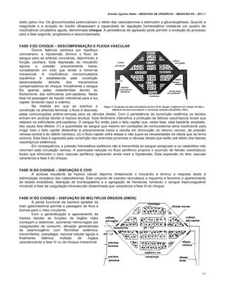 Arlindo Ugulino Netto – MEDICINA DE URG•NCIA – MEDICINA P8 – 2011.1
44
sódio pelos rins. Os glicocorticoides potencializam o efeito das catecolaminas e estimulam a gliconeogênese. Quando a
magnitude e a duração do insulto ultrapassam a capacidade de regulação homeostática instala-se um quadro de
insuficiência circulatória aguda, denominado choque. A persistência da agressão pode permitir a evolução do processo
para a fase seguinte, progressiva e descompensada.
FASE II DO CHOQUE – DESCOMPENSAŽŒO E PLEGIA VASCULAR
Ocorre falência cardíaca por hipofluxo
coronariano: a hipotensão diminui o fluxo de
sangue para as artérias coronárias, deprimindo a
função cardíaca. Esta depressão do miocárdio
agrava a pressão precariamente baixa,
completando um ciclo que tende a tomar-se
irreversível. A insuficiência microcirculatória
isquêmica é estabelecida pela constrição
desencadeada através dos mecanismos
compensatórios do choque. Inicialmente o sangue
flui apenas pelas metarteríolas devido ao
fechamento dos esfíncteres pré-capilares. Nesta
fase há passagem de liquido intersticial para a luz
capilar, tentando repor a volemia.
Na medida em que se acentua a
constrição na arteríola terminal, o fluxo é desviado
pelas comunicações artério-venosas para as vênulas distais. Com a persistência da constrição sistêmica os tecidos
entram em acidose devido à hipóxia tecidual. Este fenômeno intensifica a produção de fatores vasotrópicos locais que
relaxam os esfíncteres pré-capilares. O sangue flui então para o leito capilar que, nesta fase, está bastante ampliado.
Isto causa dois efeitos: (1) a quantidade de sangue que mesmo em condições de normovolemia seria insuficiente para
irrigar todo o leito capilar distendido é precariamente baixa e resulta em diminuição do retorno venoso, da pressão
venosa central e do débito cardíaco; (2) o fluxo capilar sofre estase e não supre as necessidades da célula que se torna
anóxica. Esta fase é agravada pela constrição das arteríolas proximais e vênulas distais que estão sob efeito dos fatores
vasotrópicos sistêmicos.
Em consequência, a pressão hidrostática sistêmica não é transmitida ao sangue estagnado e os catabólitos não
retornam pela circulação venosa. A acentuada redução no fluxo periférico propicia o acúmulo de fatores vasotrópicos
locais que diminuem o tono vascular periférico agravando ainda mais a hipotensão. Esta expansão do leito vascular
caracteriza a fase II do choque.
FASE III DO CHOQUE – DISFUNŽŒO E CIVD
A acidose resultante da hipóxia celular deprime diretamente o miocárdio e diminui a resposta deste á
estimulação simpática das catecolaminas. Este conjunto de eventos recrudesce a isquemia e favorece o aparecimento
de lesões endoteliais, liberação de tromboplastina e a agregação de hemácias, tornando o sangue hipercoagulável
iniciando a fase de coagulação intravascular disseminada que caracteriza a fase III do choque.
FASE IV DO CHOQUE – DISFUNŽŒO DE M‘LTIPLOS ’RGŒOS (DMOS)
A perda funcional da barreira epitelial do
trato gastrintestinal permite a passagem de flora e
toxinas para o meio circulante.
Com a generalização e agravamento da
hipóxia tissular as funções de órgãos vitais
começam a deteriorar, ocorrendo hemorragias por
coagulopatia de consumo, ativação generalizada
de plasminogênio com fibrinólise sistêmica,
microinfartos, vasoplegia, necrose tubular aguda e
finalmente falência múltipla de órgãos
caracterizando a fase IV ou de choque irreversível.
 