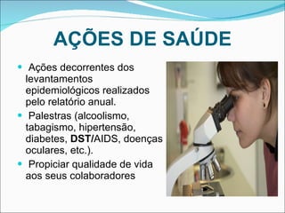AÇÕES DE SAÚDE Ações decorrentes dos levantamentos epidemiológicos realizados pelo relatório anual. Palestras (alcoolismo, tabagismo, hipertensão, diabetes,  DST/ AIDS, doenças oculares, etc.).   Propiciar qualidade de vida aos seus colaboradores 