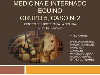 MEDICINA E INTERNADO
EQUINO
GRUPO 5, CASO N°2
CENTRO DE HIPOTERAPIA LA GRANJA,
DRA. SEPULVEDA
INTEGRANTES:
DANITZA GONZÁLEZ
PAULINA GONZÁLEZ
FRANCISCA
GONZÁLEZ
MARCELA GUERRA
RICARDO GUIÑEZ
NATALY GUTIERREZ
 