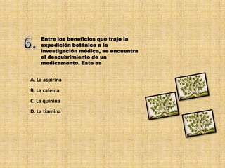 Entre los beneficios que trajo la
    expedición botánica a la
    investigación médica, se encuentra
    el descubrimiento de un
    medicamento. Este es


A. La aspirina
B. La cafeína
C. La quinina
D. La tiamina
 