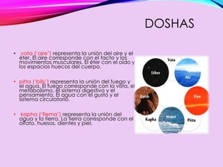 DOSHAS
• vata (‘aire’) representa la unión del aire y el
éter. El aire corresponde con el tacto y los
movimientos musculares. El éter con el oído y
los espacios huecos del cuerpo.
• pitta (‘bilis’) representa la unión del fuego y
el agua. El fuego corresponde con la vista, el
metabolismo, el sistema digestivo y el
pensamiento. El agua con el gusto y el
sistema circulatorio.
• kapha (‘flema’) representa la unión del
agua y la tierra. La tierra corresponde con el
olfato, huesos, dientes y piel.
 