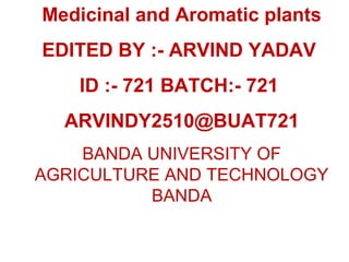 Medicinal and Aromatic plants
EDITED BY :- ARVIND YADAV
ID :- 721 BATCH:- 721
ARVINDY2510@BUAT721
BANDA UNIVERSITY OF
AGRICULTURE AND TECHNOLOGY
BANDA
 