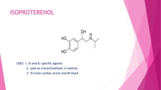 ISOPROTERENOL
USES: 1. β₁and β₂ specific agonist
2. used as a bronchodilator in asthma.
3. To treat cardiac arrest and AV block
 
