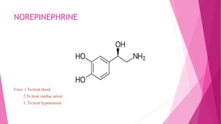 NOREPINEPHRINE
Uses: 1.To treat shock
2.To treat cardiac arrest
3. To treat hypotension
 