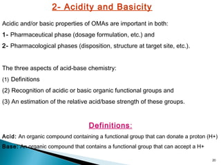 20
2- Acidity and Basicity
Acidic and/or basic properties of OMAs are important in both:
1- Pharmaceutical phase (dosage formulation, etc.) and
2- Pharmacological phases (disposition, structure at target site, etc.).
The three aspects of acid-base chemistry:
(1) Definitions
(2) Recognition of acidic or basic organic functional groups and
(3) An estimation of the relative acid/base strength of these groups.
Definitions:
Acid: An organic compound containing a functional group that can donate a proton (H+)
Base: An organic compound that contains a functional group that can accept a H+
 