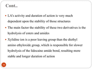 Cont..
 LA’s activity and duration of action is very much
dependent upon the stability of those structures
 The main factor the stability of these two derivatives is the
hydrolysis of esters and amides
 Xylidine ion is a poor leaving group than the diethyl
amino ethyloxide group, which is responsible for slower
hydrolysis of the lidocaine amide bond, resulting more
stable and longer duration of action
19
 