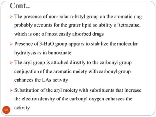 Cont..
 The presence of non-polar n-butyl group on the aromatic ring
probably accounts for the grater lipid solubility of tetracaine,
which is one of most easily absorbed drugs
 Presence of 3-BuO group appears to stabilize the molecular
hydrolysis as in bunoxinate
 The aryl group is attached directly to the carbonyl group
conjugation of the aromatic moiety with carbonyl group
enhances the LAs activity
 Substitution of the aryl moiety with substituents that increase
the electron density of the carbonyl oxygen enhances the
activity22
 