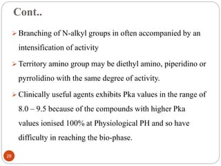 Cont..
 Branching of N-alkyl groups in often accompanied by an
intensification of activity
 Territory amino group may be diethyl amino, piperidino or
pyrrolidino with the same degree of activity.
 Clinically useful agents exhibits Pka values in the range of
8.0 – 9.5 because of the compounds with higher Pka
values ionised 100% at Physiological PH and so have
difficulty in reaching the bio-phase.
28
 