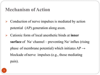 Mechanism ofAction
 Conduction of nerve impulses is mediated by action
potential (AP) generation along axon.
 Cationic form of local anesthetic binds at inner
surface of Na+ channel – preventing Na+ influx (rising
phase of membrane potential) which initiates AP →
blockade ofnerve impulses (e.g., those mediating
pain).
3
 