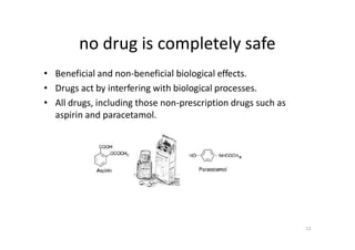 no drug is completely safe
• Beneficial and non-beneficial biological effects.
• Drugs act by interfering with biological processes.
• All drugs, including those non-prescription drugs such as
aspirin and paracetamol.
12
 