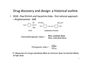 Drug discovery and design: a historical outline
• 1910 - Paul Ehrlich and Sacachiro Hata - first rational approach
– Arsphenamine - SAR
•
Chemotherapeutic index =
Min. curative dose
Max. tolerated dose
Therapeutic index =
LD50
ED50
TI: Measures of a drug’s beneficial effect at minimum dose Vs harmful effects
at high dose
15
 