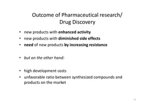 24
Outcome of Pharmaceutical research/
Drug Discovery
• new products with enhanced activity
• new products with diminished side effects
• need of new products by increasing resistance
• but on the other hand:
• high development costs
• unfavorable ratio between synthesized compounds and
products on the market
 