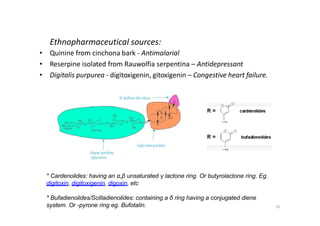 Ethnopharmaceutical sources:
• Quinine from cinchona bark - Antimalarial
• Reserpine isolated from Rauwolfia serpentina – Antidepressant
• Digitalis purpurea - digitoxigenin, gitoxigenin – Congestive heart failure.
* Cardenolides: having an α,β unsaturated γ lactone ring. Or butyrolactone ring. Eg.
digitoxin, digitoxigenin, digoxin, etc
* Bufadienolides/Scilladienolides: containing a δ ring having a conjugated diene
system. Or -pyrone ring eg. Bufotalin. 31
 