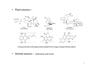 • Plant sources –
Taxol
Taxus breifolia
Vincirstine
Vinca rosea Linn
Morphine
opium poppy
Compounds with antifungal activity isolated from fungus resistant African plants
• Animal sources – adrenaline and insulin
32
 