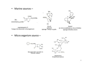 • Marine sources –
Avarol
an immunodeficiency virus inhibitor.
sponge Disidea avara
Ara-A
antiviral
sponge T ethya crypta.
cephalosporin C
fungus Acremonium chrysogenium
• Micro organism source –
Benzylpenicillin (penicillin G)
Penicillin notatum
Streptomycin
Streptomyces griseus
33
 