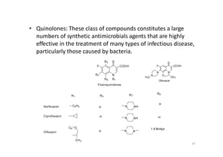 • Quinolones: These class of compounds constitutes a large
numbers of synthetic antimicrobials agents that are highly
effective in the treatment of many types of infectious disease,
particularly those caused by bacteria.
N
R5 O
COOHF
R7
N
O
COOHF
N
ON
H3C CH3
R8 R1
Fluoroquinolones
R1 R5
R7
R8
Norfloxacin
Ciprofloxacin
Ofloxacin
C2H5 NHNH
H
NHNH H
C8 O
CH3
NNH
41
1,8 Bridge
Ofloxacin
 