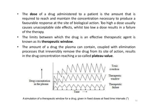 • The dose of a drug administered to a patient is the amount that is
required to reach and maintain the concentration necessary to produce a
favourable response at the site of biological action. Too high a dose usually
causes unacceptable side effects, whilst too low a dose results in a failure
of the therapy.
• The limits between which the drug is an effective therapeutic agent is
known as its therapeutic window.
• The amount of a drug the plasma can contain, coupled with elimination
processes that irreversibly remove the drug from its site of action, results
in the drug concentration reaching a so-called plateau value.
A simulation of a therapeutic window for a drug, given in fixed doses at fixed time intervals (")
51
 