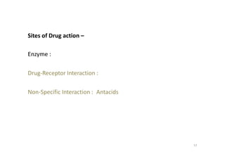 57
Sites of Drug action –
Enzyme :
Drug-Receptor Interaction :
Non-Specific Interaction : Antacids
 