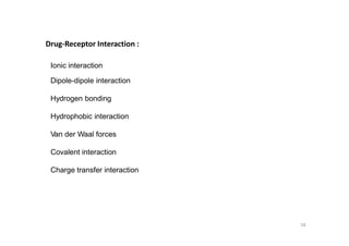 58
Drug-Receptor Interaction :
Ionic interaction
Dipole-dipole interaction
Hydrogen bonding
Hydrophobic interaction
Van der Waal forces
Covalent interaction
Charge transfer interaction
 
