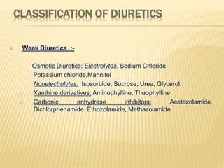 CLASSIFICATION OF DIURETICS
A. Weak Diuretics :-
i. Osmotic Diuretics: Electrolytes: Sodium Chloride,
Potassium chloride,Mannitol
Nonelectrolytes: Isosorbide, Sucrose, Urea, Glycerol.
ii. Xanthine derivatives: Aminophylline, Theophylline
iii. Carbonic anhydrase inhibitors: Acetazolamide,
Dichlorphenamide, Ethozolamide, Methazolamide
 