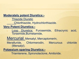 Moderately potent Diuretics:-
i. Thiazide Diuretic
Chlorthiazide, Hydrochlorthiazide.
Very Potent Diuretics:-
i. Loop Diuretics: Furosemide, Ethacrynic acid,
Torsemide,Bumetamide,
Mercurial: Mersalyl, Mercaptomerin,
Meralluride, Chlormerodin, Mercurous chloride
(Mersalyl).
Potassium sparing Diuretics:-
Triamterene, Spironolactone, Amiloride.
 