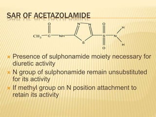 SAR OF ACETAZOLAMIDE
 Presence of sulphonamide moiety necessary for
diuretic activity
 N group of sulphonamide remain unsubstituted
for its activity
 If methyl group on N position attachment to
retain its activity
CH3
C NH
NN
S
S
O
O
N
H
H
O
 