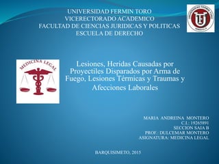 UNIVERSIDAD FERMIN TORO
VICERECTORADO ACADEMICO
FACULTAD DE CIENCIAS JURIDICAS Y POLITICAS
ESCUELA DE DERECHO
Lesiones, Heridas Causadas por
Proyectiles Disparados por Arma de
Fuego, Lesiones Térmicas y Traumas y
Afecciones Laborales
MARIA ANDREINA MONTERO
C.I.: 19265891
SECCION SAIA B
PROF.: DULCEMAR MONTERO
ASIGNATURA: MEDICINA LEGAL
BARQUISIMETO, 2015
 