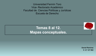 Universidad Fermín Toro
Vice- Rectorado Académico
Facultad de Ciencias Políticas y Jurídicas
Escuela de Derecho
Daniel Ramírez
V- 21 127 882
Temas 8 al 12.
Mapas conceptuales.
 