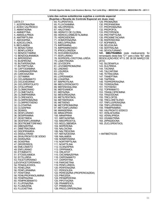 Arlindo Ugulino Netto; Luiz Gustavo Barros; Yuri Leite Eloy – MEDICINA LEGAL – MEDICINA P8 – 2011.1
96
Lista das outras substâncias sujeitas a controle especial
(Sujeitas a Receita de Controle Especial em duas vias)
LISTA C1
1. ACEPROMAZINA
2. ˜CIDO VALPR›ICO
3. AMANTADINA
4. AMINEPTINA
5. AMISSULPRIDA
6. AMITRIPTILINA
7. AMOXAPINA
8. AZACICLONOL
9. BECLAMIDA
10. BENACTIZINA
11. BENFLUOREX
12. BENZOCTAMINA
13. BENZOQUINAMIDA
14. BIPERIDENO
15. BUSPIRONA
16. BUTAPERAZINA
17. BUTRIPTILINA
18. CAPTODIAMINA
19. CARBAMAZEPINA
20. CAROXAZONA
21. CETAMINA
22. CICLARBAMATO
23. CICLEXEDRINA
24. CICLOPENTOLATO
25. CITALOPRAM
26. CLOMACRANO
27. CLOMETIAZOL
28. CLOMIPRAMINA
29. CLOREXADOL
30. CLORPROMAZINA
31. CLORPROTIXENO
32. CLOTIAPINA
33. CLOZAPINA
34. DEANOL
35. DESFLURANO
36. DESIPRAMINA
37. DEXETIMIDA
38. DEXFENFLURAMINA
39. DEXTROMETORFANO
40. DIBENZEPINA
41. DIMETRACRINA
42. DISOPIRAMIDA
43. DISSULFIRAM
44. DIVALPROATO DE S›DIO
45. DIXIRAZINA
46. DOXEPINA
47. DROPERIDOL
48. EMILCAMATO
49. ENFLURANO
50. ETOMIDATO
51. ETOSSUXIMIDA
52. ECTILUR•IA
53. FACETOPERANO
(LEVOFACETOPERANO)
54. FENAGLICODOL
55. FENELZINA
56. FENFLURAMINA
57. FENITOINA
58. FENILPROPANOLAMINA
59. FENIPRAZINA
60. FEMPROBAMATO
61. FLUFENAZINA
62. FLUMAZENIL
63. FLUOXETINA
64. FLUPENTIXOL
65. FLUVOXAMINA
66. HALOPERIDOL
67. HALOTANO
68. HIDRATO DE CLORAL
69. HIDROCLORBEZETILAMINA
70. HIDROXIDIONA
71. HOMOFENAZINA
72. IMICLOPRAZINA
73. IMIPRAMINA
74. IMIPRAMIN›XIDO
75. IPROCLORIZIDA
76. ISOCARBOXAZIDA
77. ISOFLURANO
78. ISOPROPIL-CROTONIL-UR•IA
79. LAMOTRIGINA
80. LEVODOPA
81. LEVOMEPROMAZINA
82. LINDANO
83. LISURIDA
84. LITIO
85. LOPERAMIDA
86. LOXAPINA
87. MAPROTILINA
88. MECLOFENOXATO
89. MEFENOXALONA
90. MEFEXAMIDA
91. MEPAZINA
92. MESORIDAZINA
93. METILPENTINOL
94. METISERGIDA
95. METIXENO
96. METOPROMAZINA
97. METOXIFLURANO
98. MIANSERINA
99. MINACIPRAN
100. MINAPRINA
101. MIRTAZAPINA
102. MISOPROSTOL
103. MOCLOBEMIDA
104. MOPERONA
105. NALOXONA
106. NALTREXONA
107. NEFAZODONA
108. NIALAMIDA
109. NOMIFENSINA
110. NORTRIPTILINA
111. NOXPTILINA
112. OLANZAPINA
113. OPIPRAMOL
114. ORLISTAT
115. OXCARBAZEPINA
116. OXIFENAMATO
117. OXIPERTINA
118. PAROXETINA
119. PENFLURIDOL
120. PERFENAZINA
121. PERGOLIDA
122. PERICIAZINA (PROPERICIAZIDA)
123. PIMOZIDA
124. PIPAMPERONA
125. PIPOTIAZINA
126. PRAMIPEXOL
127. PRIMIDONA
128. PROCLORPERAZINA
129. PROMAZINA
130. PROPANIDINA
131. PROPIOMAZINA
132. PROPOFOL
133. PROTIPENDIL
134. PROTRIPTILINA
135. PROXIMETACAINA
136. RISPERIDONA
137. ROPINIROL
138. SELEGILINA
139. SERTRALINA
140. SEVOLFURANO
141. SIBUTRAMINA (este medicamento foi
remanejado desta lista “C1” para a lista “B2” pela
RESOLUžŸO-RDC No
13, DE 26 DE MARžO DE
2010)
142. SILDENAFILA
143. SULPIRIDA
144. TACRINA
145. TALCAPONA
146. TETRACA•NA
147. TIANEPTINA
148. TIAPRIDA
149. TIOPROPERAZINA
150. TIORIDAZINA
151. TIOTIXENO
152. TOPIRAMATO
153. TRANILCIPROMINA
154. TRAZODONA
155. TRICLOF›S
156. TRICLORETILENO
157. TRIFLUOPERAZINA
158. TRIFLUPERIDOL
159. TRIMIPRAMINA
160. VALPROATO S›DICO
161. VENLAFAXINA
162. VERALIPRIDA
163. VIGABATRINA
164. ZIPRAZIDONA
165. ZUCLOPENTIXOL
+ ANTIBI›TICOS
 