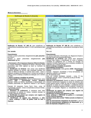 Arlindo Ugulino Netto; Luiz Gustavo Barros; Yuri Leite Eloy – MEDICINA LEGAL – MEDICINA P8 – 2011.1
98
MODELOS ADICIONAIS
Notifica…‹o de Receita A (Amarela) Notifica…‹o de Receita B (Azul)
Notifica…‹o de Receita “A” (NR A): para substâncias ou
medicamentos entorpecentes (listas A1 e A2) e psicotrópicos (lista
A3).
Cor: amarela
Preenchimento
Campos a serem preenchidos obrigatoriamente pelo prescritor:
b, c, d, e, f.
Campos a serem preenchidos obrigatoriamente pelo
dispensador: g, h.a.
a. Numera…‹o e UF j‘ impressos (Imprensa Oficial do Estado).
Os campos destinados à Regional de Saúde e Município serão
preenchidos pela VISA regional ou local no momento do
fornecimento.
b. Identifica…‹o do Emitente: este campo será identificado
mediante aposição do carimbo, pela Autoridade Sanitária, em
todas as folhas do talonário. O carimbo deve conter : nome e
endereço completos do profissional com o número de inscrição no
CRM ou nome e endereço completos da instituição com o número
do CNPJ.
c. Nome e endere…o completos do paciente
d. Especialidade Farmac”utica: Nome do Medicamento: nome
genérico DCB – Denomina…‹o Comum Brasileira)
Exemplo: Sulfato de Morfina. Quantidade e Apresentação: em
unidades preenchidas em algarismos arábicos e por extenso
Exemplo: 60 (sessenta). Forma Farm./ Conc.: comp. 30
mg.Posologia: exemplo -: tomar 2 comprimidos ao dia por 30 dias.
e. Data da emiss‹o
f. Assinatura do profissional: A assinatura deve estar
acompanhada do carimbo do médico, contendo inscrição no
Conselho Regional de Medicina.
g. Identifica…‹o da pessoa que comprou com registro do
documento de identifica…‹o.
h. Identifica…‹o da pessoa que dispensou e data.
i. Nome, endere…o e CNPJ da gr‘fica onde foi feito o
impresso.
Notifica…‹o de Receita “B” (NR B): para substâncias ou
medicamentos psicotrópicos e psicotrópicos anorexígenos (listas
B1 e B2).
Cor: azul
Preenchimento
Os campos destinados à Numeração, UF, Regional de Saúde e
Município devem ser impressos pela Gráfica.
Identifica…‹o do Emitente: este campo deve apresentar
impresso pela Gráfica, a identificação do nome e endereço
completos do profissional com o número de inscrição no
respectivo Conselho Regional ou nome e endereço completos da
instituição com o número do CNPJ.
Nome e endere…o completos do paciente.
Especialidade Farmac”utica.
Nome do medicamento: nome genérico (DCB – Denomina…‹o
Comum Brasileira).
Exemplo - Diazepam. Quantidade e Forma farmacêutica: em
algarismos arábicos e por extenso
Ex.: 60 (sessenta) comp.
Dose por unidade posológica: exemplo - comp. 10 mg.
Posologia: exemplo - tomar 1 comprimido ao dia por 60 dias.
Data da emiss‹o.
Assinatura do profissional: Quando os dados do profissional
estiverem devidamente impressos no campo do emitente, este
poderá apenas assinar a NRB. No caso do campo do emitente
apresentar os dados de uma Instituição, o profissional deverá
identificar a assinatura mediante carimbo contendo o número de
inscrição no Conselho Regional ou manualmente de forma
legível;
Identifica…‹o da pessoa que comprou com registro do
documento de Identifica…‹o;
Identifica…‹o da pessoa que dispensou e data;
Nome, endere…o e CNPJ/CGC da gr‘fica e a numera…‹o
inicial e final da impress‹o.
Na lateral direita deve constar "V‘lida somente no Estado do
Paran‘".
Itens de preenchimento obrigatŒrios do prescritor: c, d, e, f.
Itens de preenchimento obrigatŒrios do dispensador: g, h.
Itens de impress‹o obrigatŒria: a, b, i, j.
 
