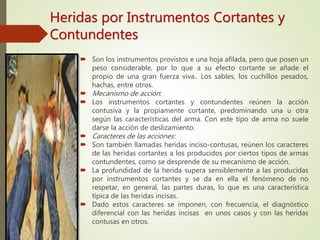 Heridas por Instrumentos Cortantes y
Contundentes
 Son los instrumentos provistos e una hoja afilada, pero que posen un
peso considerable, por lo que a su efecto cortante se añade el
propio de una gran fuerza viva.. Los sables, los cuchillos pesados,
hachas, entre otros.
 Mecanismo de acción:
 Los instrumentos cortantes y contundentes reúnen la acción
contusiva y la propiamente cortante, predominando una u otra
según las características del arma. Con este tipo de arma no suele
darse la acción de deslizamiento.
 Caracteres de las acciones:
 Son también llamadas heridas inciso-contusas, reúnen los caracteres
de las heridas cortantes a los producidos por ciertos tipos de armas
contundentes, como se desprende de su mecanismo de acción.
 La profundidad de la herida supera sensiblemente a las producidas
por instrumentos cortantes y se da en ella el fenómeno de no
respetar, en general, las partes duras, lo que es una característica
típica de las heridas incisas.
 Dado estos caracteres se imponen, con frecuencia, el diagnóstico
diferencial con las heridas incisas en unos casos y con las heridas
contusas en otros.
 