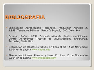 BIBLIOGRAFIA Enciclopedia Agropecuaria Terranova. Producción Agrícola 2. 1.998. Terranova Editores. Santa fe Bogotá,  D.C. Colombia. Ocampo, Rafael. 1.994. Domesticación de plantas medicinales. Centro Agronómico Tropical de Investigacióny Enseñanza. Turrialba, Costa Rica. Descripción de Plantas Curativas. En línea el día 14 de Noviembre 2.004 en la pagina  www.cape1 .net Plantas Medicinales. Recetas y Usos. En línea 15 de Noviembre 2.004 en la pagina  www.infopeople.com 