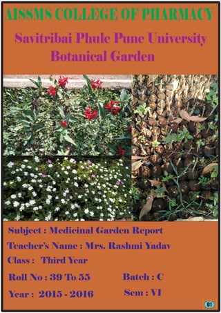 AISSMS COLLEGE OF PHARMACY
Savitribai Phule Pune University
Botanical Garden
Subject : Medicinal Garden Report
Teacher’s Name : Mrs. Rashmi Yadav
Class : Third Year
Roll No : 39 To 55 Batch : C
Sem : VIYear : 2015 - 2016
01
 