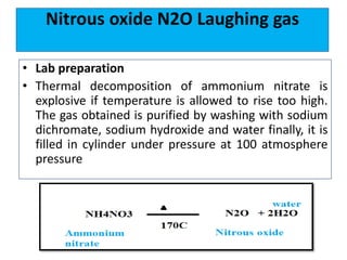 Nitrous oxide N2O Laughing gas
• Lab preparation
• Thermal decomposition of ammonium nitrate is
explosive if temperature is allowed to rise too high.
The gas obtained is purified by washing with sodium
dichromate, sodium hydroxide and water finally, it is
filled in cylinder under pressure at 100 atmosphere
pressure
 